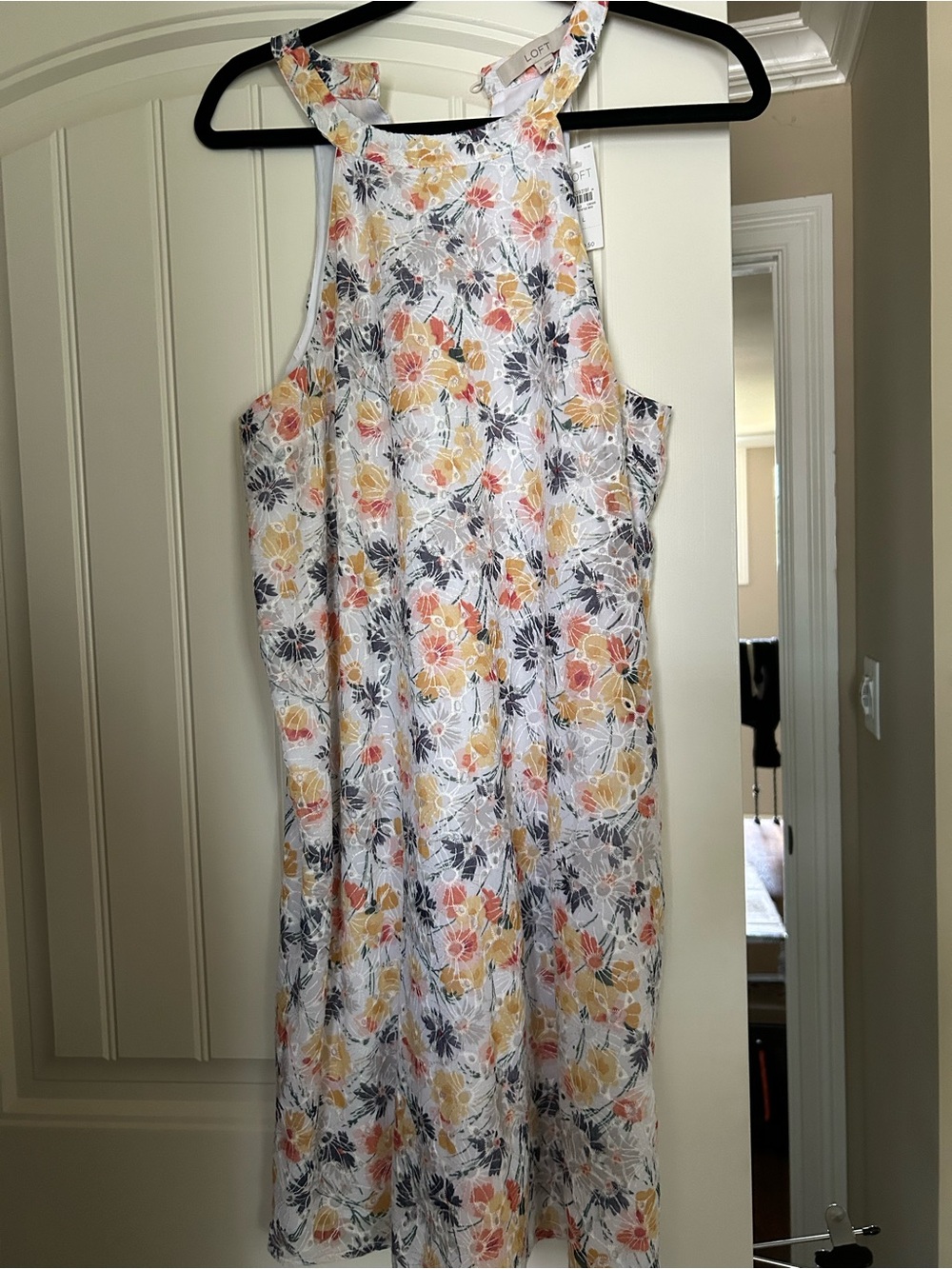 LOFT White Floral High-Neck Midi Dress with Yellow & Coral Flowers